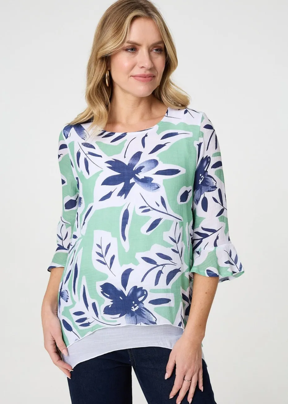 Izabel London Green Floral Print Layered Relaxed Tunic Top