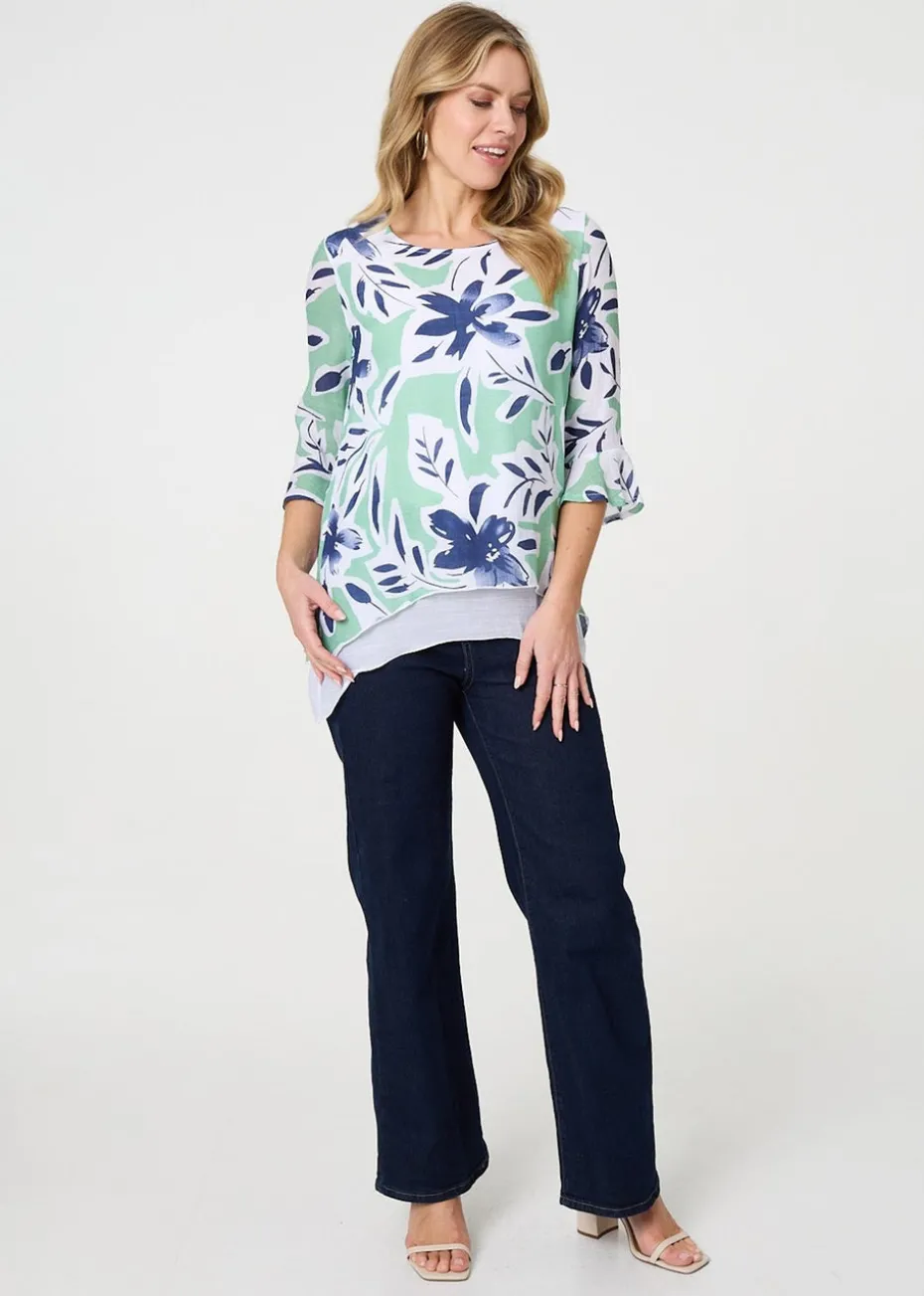Izabel London Green Floral Print Layered Relaxed Tunic Top
