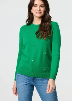Izabel London Green Floral Gemstone Embellished Jumper