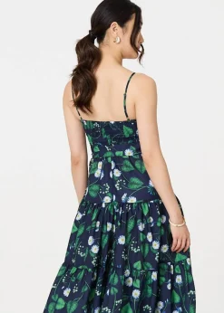 Izabel London Green Floral Sleeveless Tie Waist Midi Dress