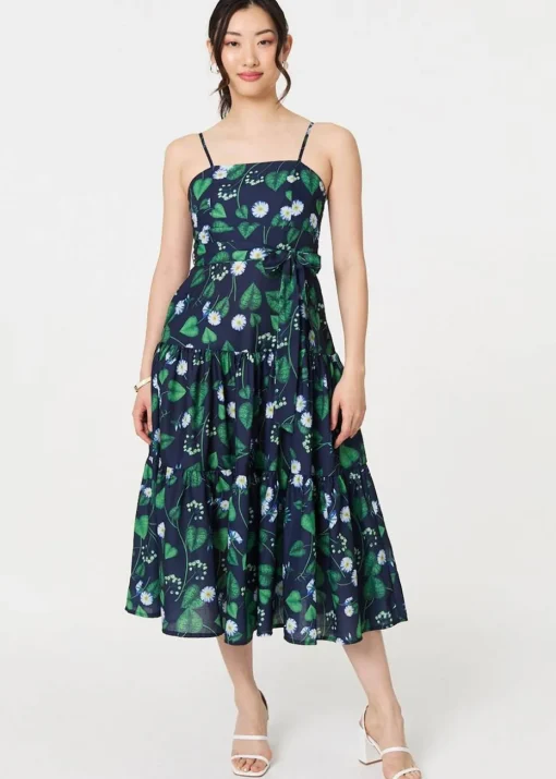 Izabel London Green Floral Sleeveless Tie Waist Midi Dress