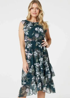 Izabel London Green Floral Frill Shirred Midi Dress