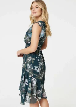 Izabel London Green Floral Frill Shirred Midi Dress