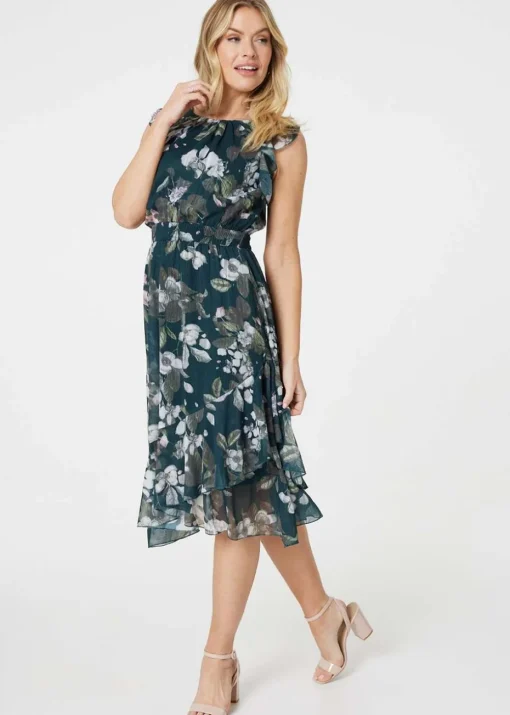 Izabel London Green Floral Frill Shirred Midi Dress
