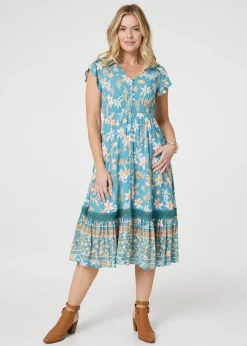 Izabel London Green Floral V-Neck Shirred Midi Dress
