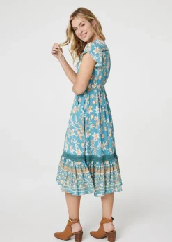 Izabel London Green Floral V-Neck Shirred Midi Dress