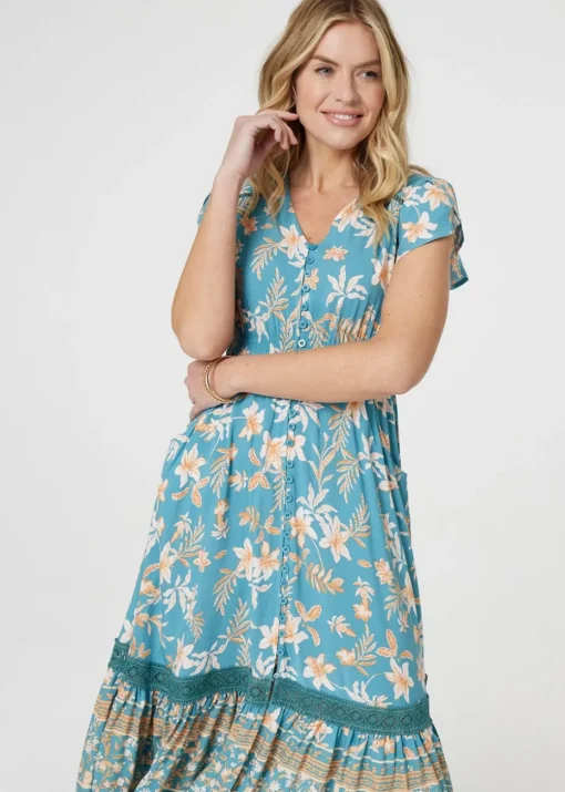 Izabel London Green Floral V-Neck Shirred Midi Dress