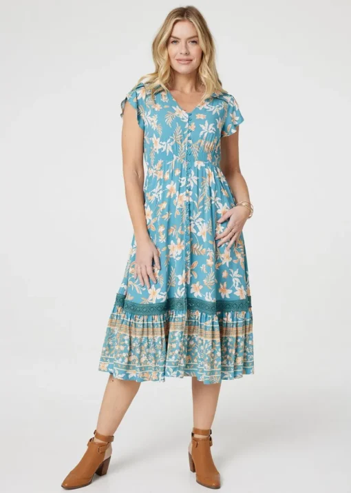 Izabel London Green Floral V-Neck Shirred Midi Dress