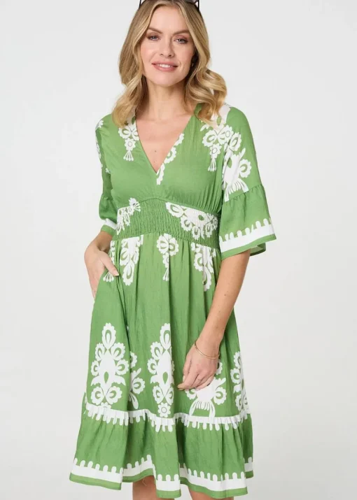 Izabel London Green Ikat Print Relaxed Short Dress