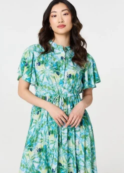 Izabel London Green Leaf Print Tie Waist Pleated Midi Dress