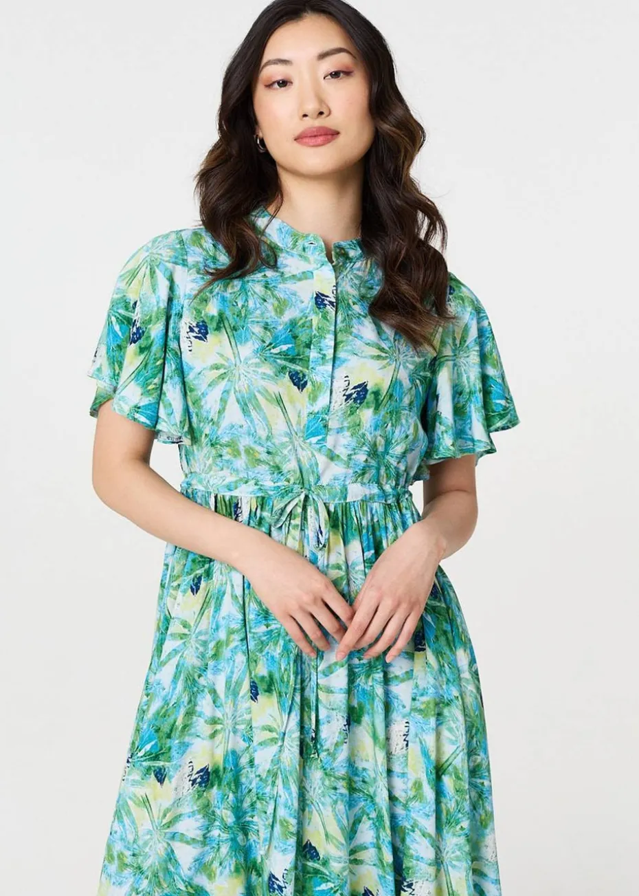 Izabel London Green Leaf Print Tie Waist Pleated Midi Dress