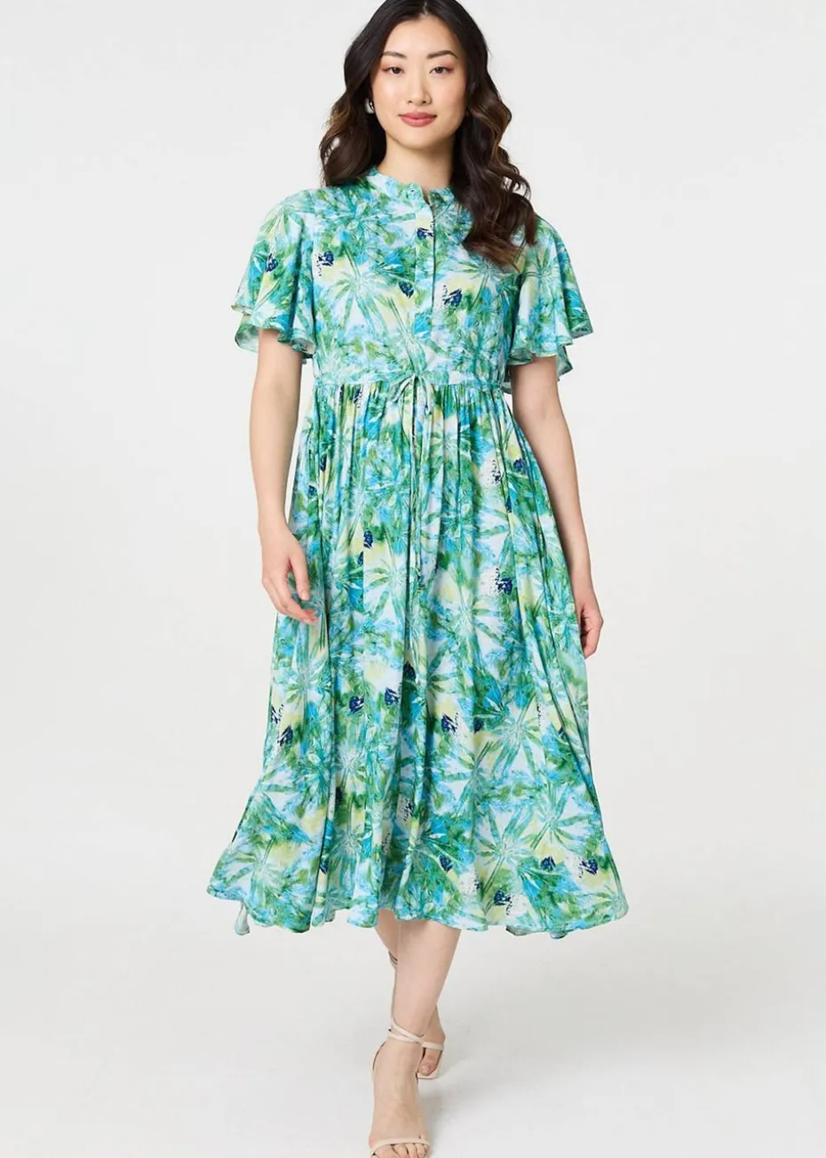 Izabel London Green Leaf Print Tie Waist Pleated Midi Dress