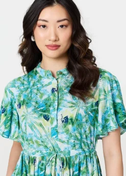 Izabel London Green Leaf Print Tie Waist Pleated Midi Dress