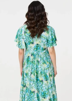 Izabel London Green Leaf Print Tie Waist Pleated Midi Dress