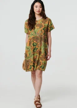 Izabel London Green Leaf Print Short Sleeve Shift Short Dress