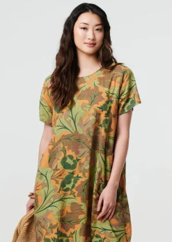 Izabel London Green Leaf Print Short Sleeve Shift Short Dress