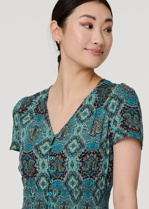 Izabel London Green Mosaic Print Short Sleeve Smock Maxi Dress