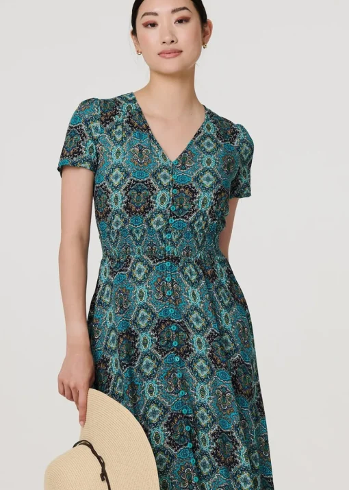 Izabel London Green Mosaic Print Short Sleeve Smock Maxi Dress