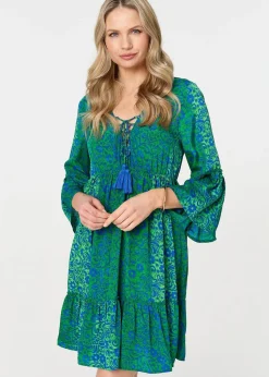 Izabel London Green Paisley Tassel V-Neck Knee Length Dress