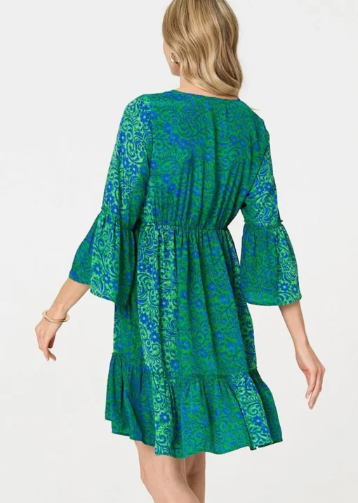 Izabel London Green Paisley Tassel V-Neck Knee Length Dress