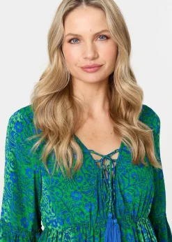 Izabel London Green Paisley Tassel V-Neck Knee Length Dress