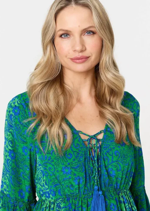 Izabel London Green Paisley Tassel V-Neck Knee Length Dress