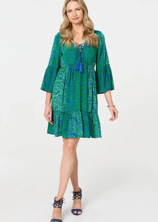 Izabel London Green Paisley Tassel V-Neck Knee Length Dress