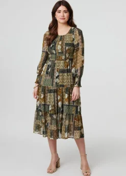 Izabel London Green Patchwork Print Long Sleeve Midi Dress