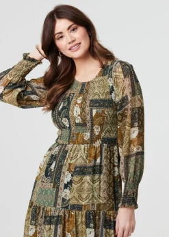 Izabel London Green Patchwork Print Long Sleeve Midi Dress