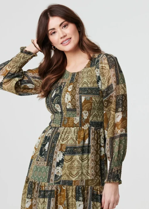 Izabel London Green Patchwork Print Long Sleeve Midi Dress