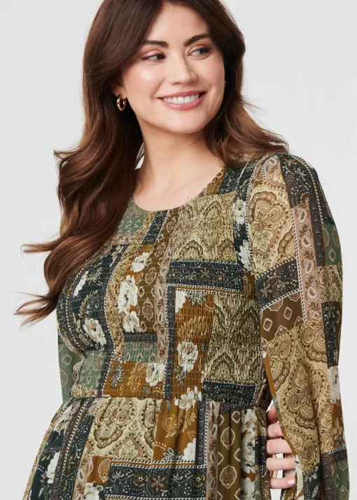 Izabel London Green Patchwork Print Long Sleeve Midi Dress