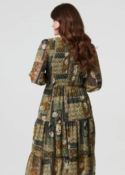 Izabel London Green Patchwork Print Long Sleeve Midi Dress