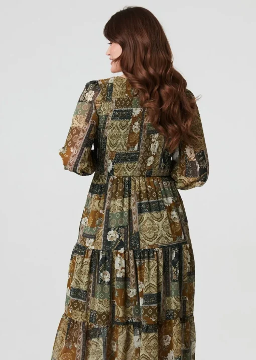 Izabel London Green Patchwork Print Long Sleeve Midi Dress