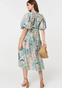 Izabel London Green Patchwork Print Puff Sleeve Midi Dress