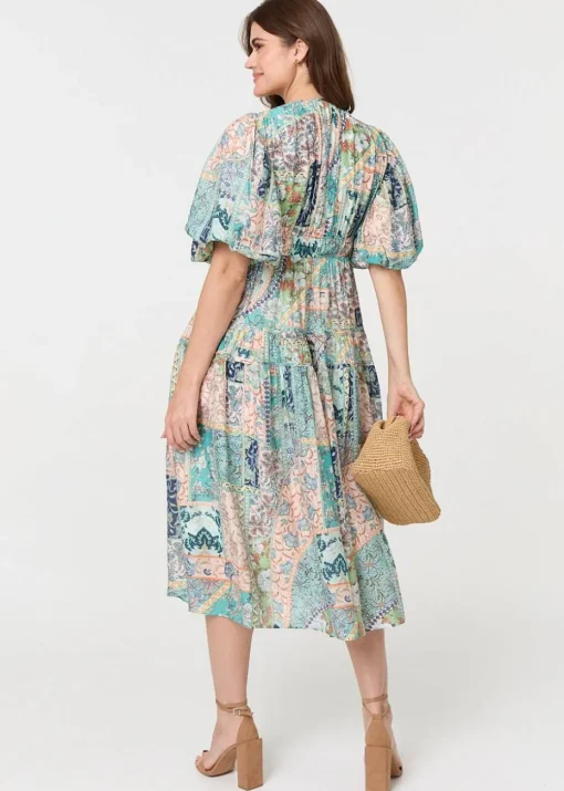 Izabel London Green Patchwork Print Puff Sleeve Midi Dress