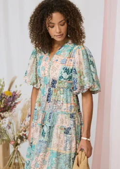 Izabel London Green Patchwork Print Puff Sleeve Midi Dress