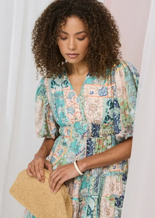 Izabel London Green Patchwork Print Puff Sleeve Midi Dress