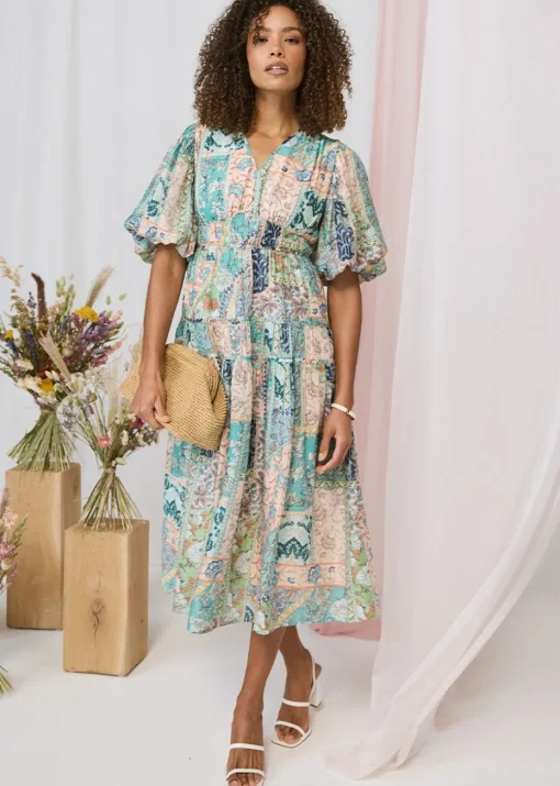 Izabel London Green Patchwork Print Puff Sleeve Midi Dress