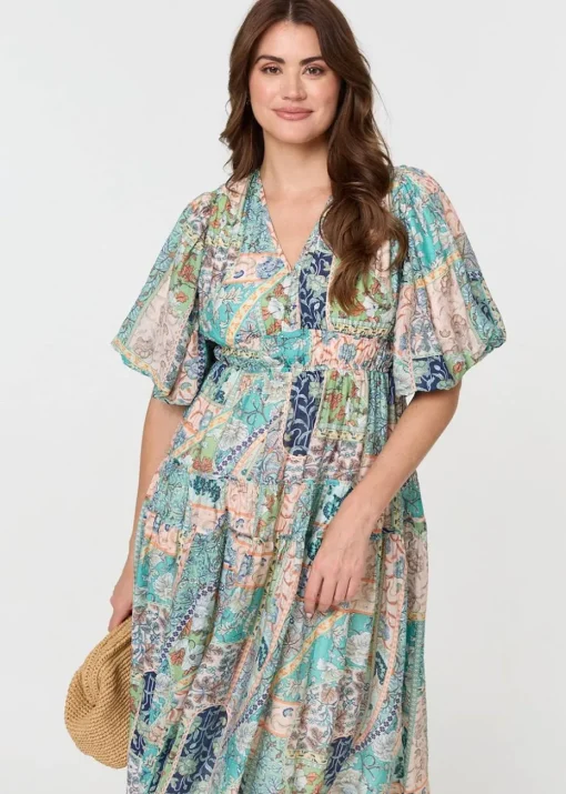 Izabel London Green Patchwork Print Puff Sleeve Midi Dress