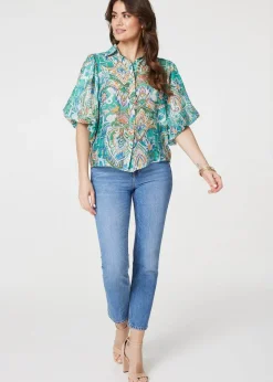 Izabel London Green Printed Puff 1/2 Sleeve Shirt