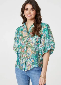 Izabel London Green Printed Puff 1/2 Sleeve Shirt