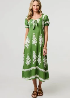 Izabel London Green Printed Puff Sleeve Tie Front Midi Dress