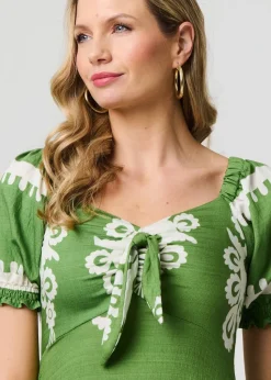 Izabel London Green Printed Puff Sleeve Tie Front Midi Dress