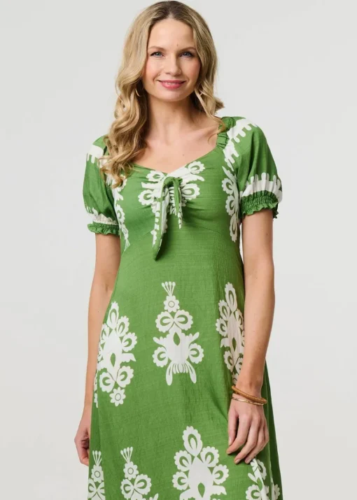 Izabel London Green Printed Puff Sleeve Tie Front Midi Dress