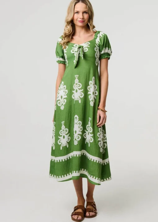 Izabel London Green Printed Puff Sleeve Tie Front Midi Dress