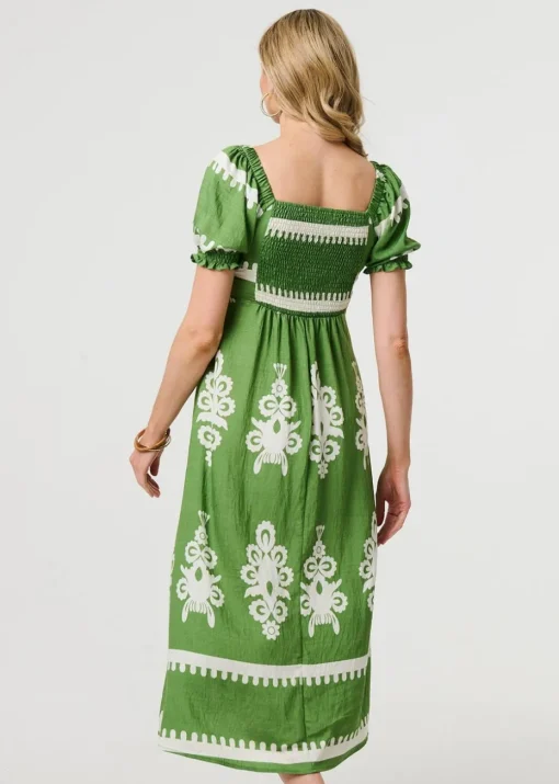 Izabel London Green Printed Puff Sleeve Tie Front Midi Dress