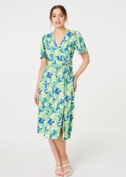Izabel London Green Printed Belt Detail Wrap Midi Dress