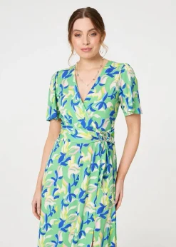 Izabel London Green Printed Belt Detail Wrap Midi Dress