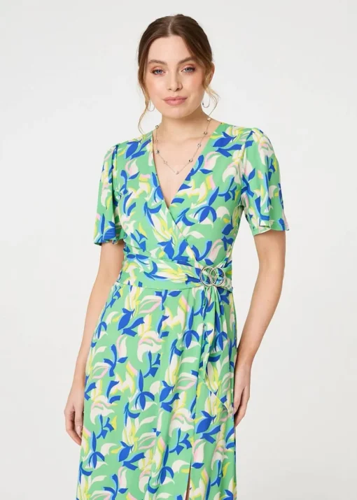 Izabel London Green Printed Belt Detail Wrap Midi Dress