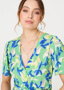 Izabel London Green Printed Belt Detail Wrap Midi Dress